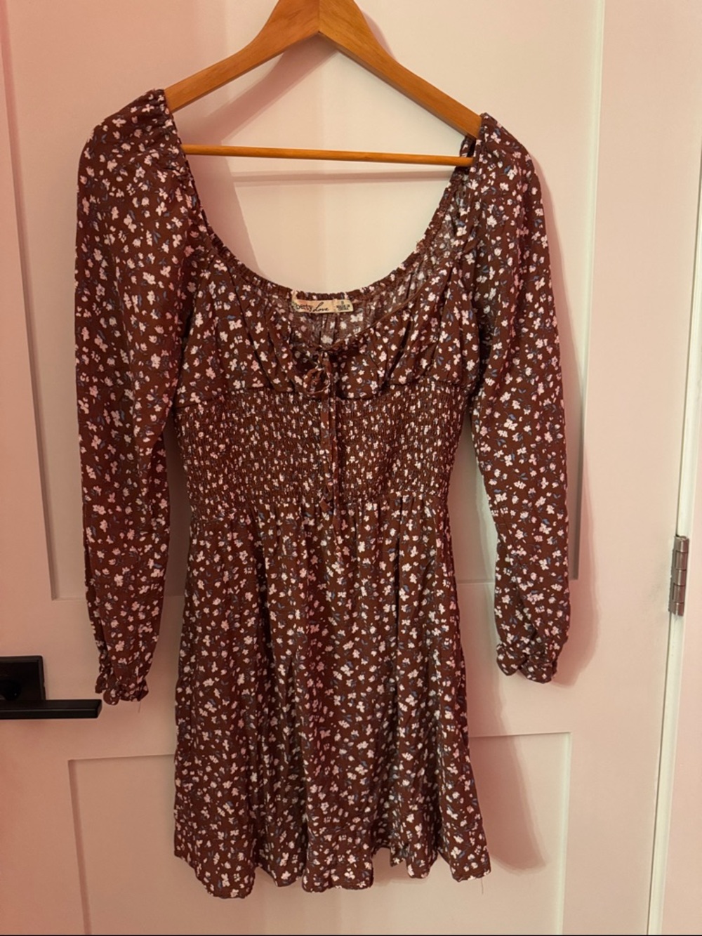 H&M Brown Floral Smocked Long Sleeve Mini Dress with White Print